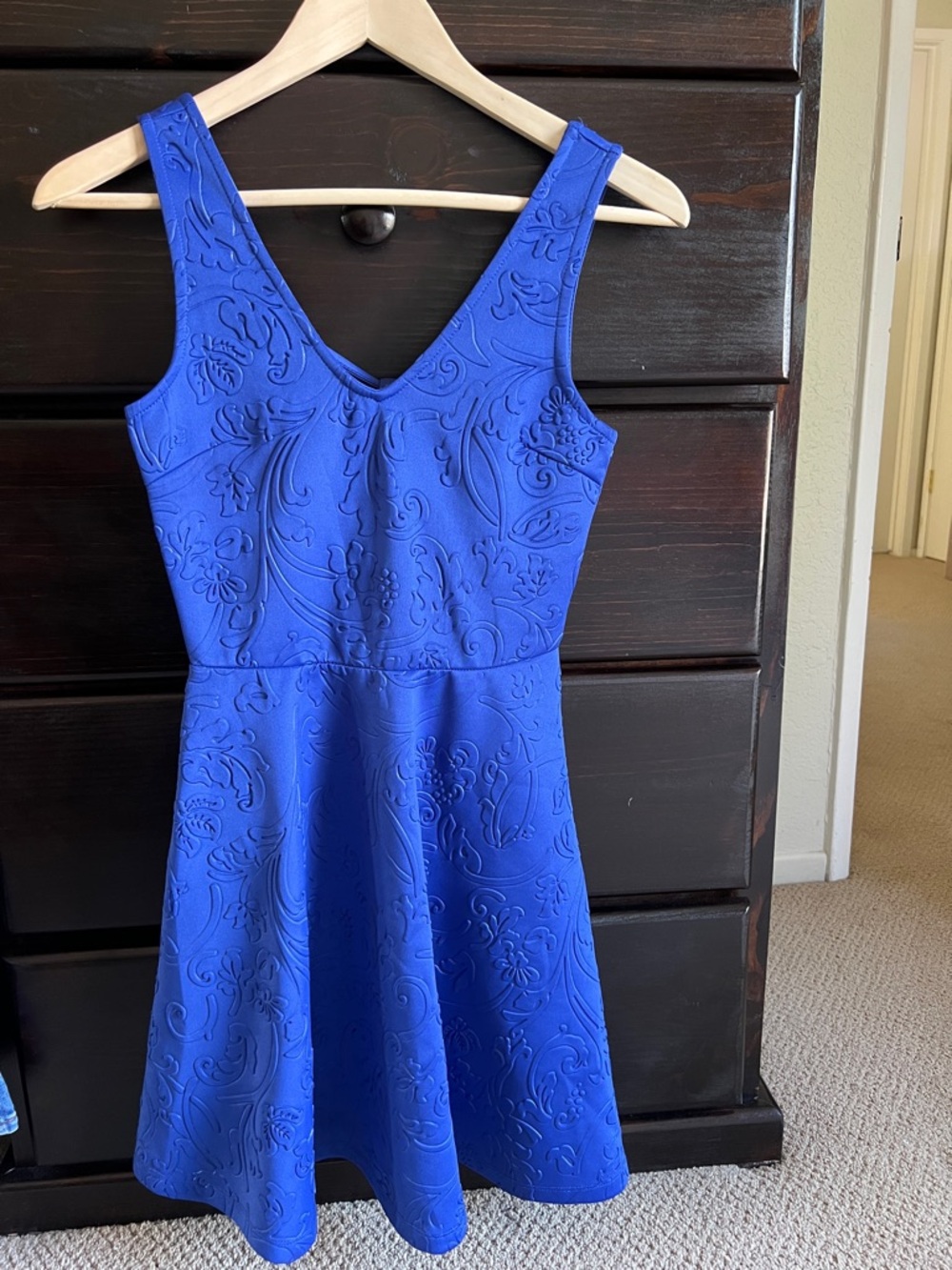 Royal Blue Textured V-Neck Fit & Flare Dress